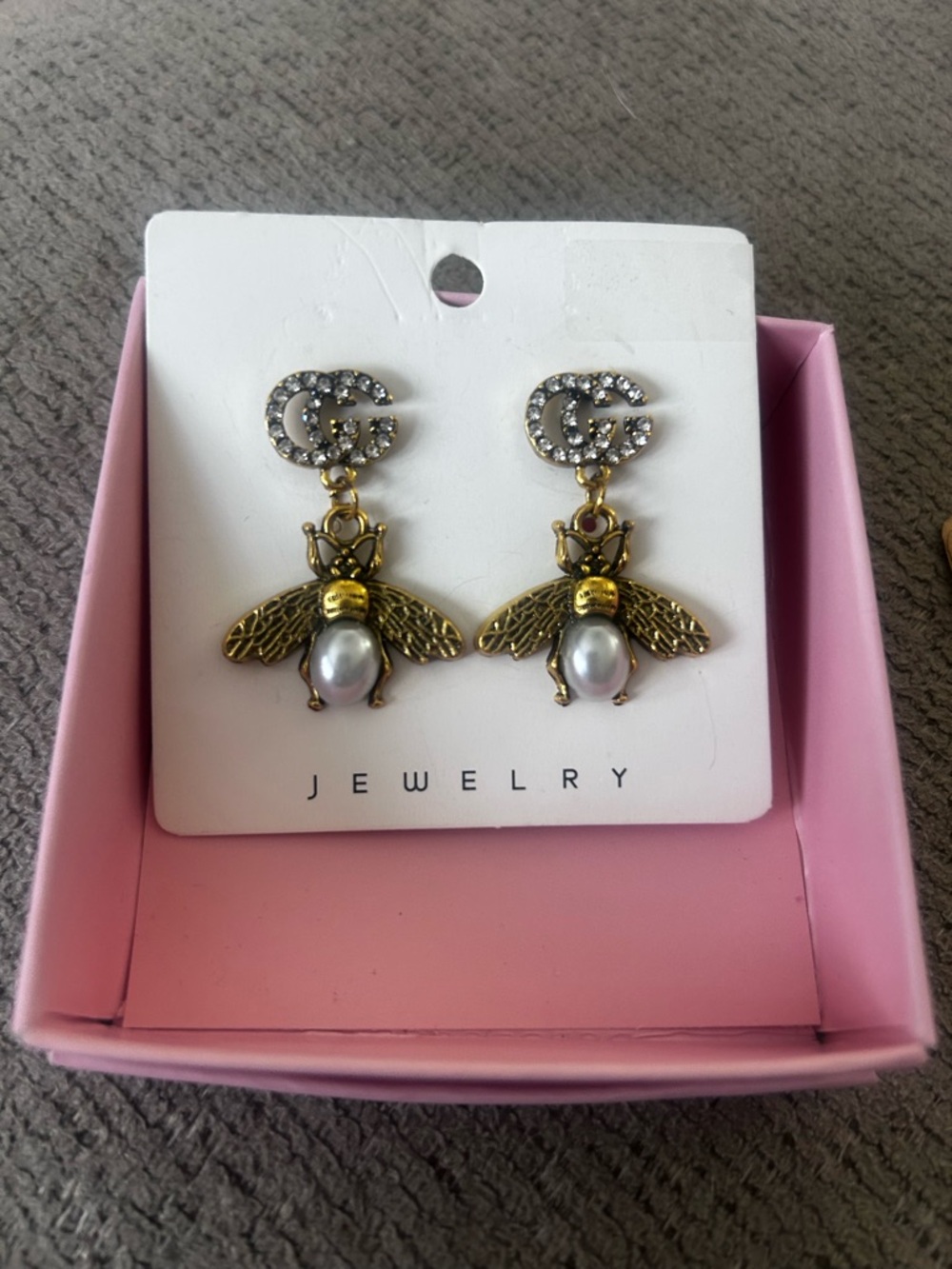 Gold Bee Drop Earrings with Pearl Accent